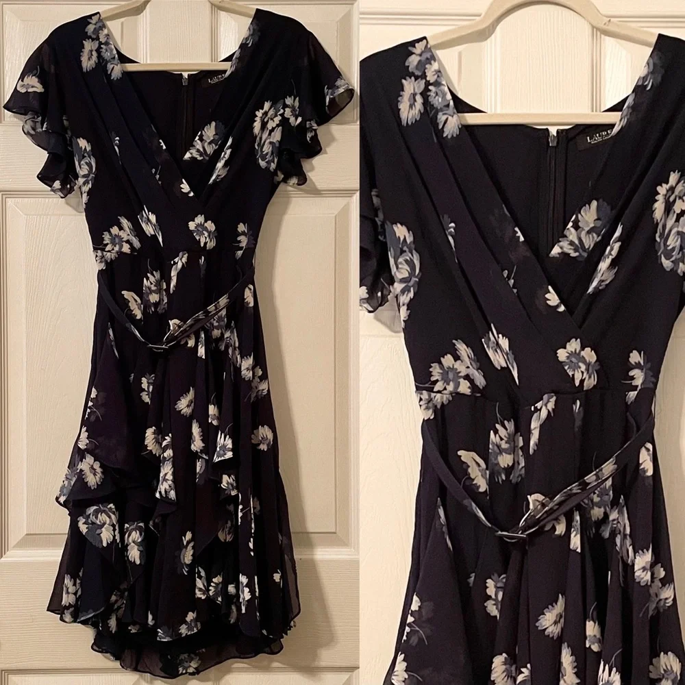Lauren Ralph Lauren Flutter Sleeve ruffle Dress size 10 or 14 navy multi - Picture 5 of 7